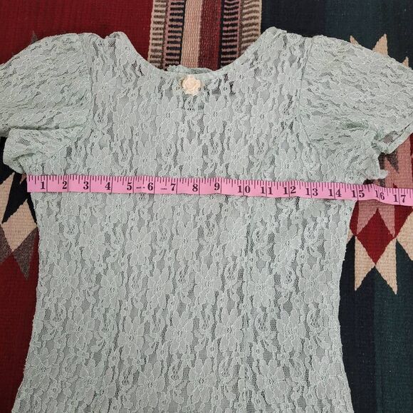 Vintage 90s Jazz Kids Girls Dress Size 10? Mint Green Lace Overlay Slip Button - Picture 4 of 5